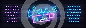 Vape shop neon template. Glowing lettering sign Vape shop