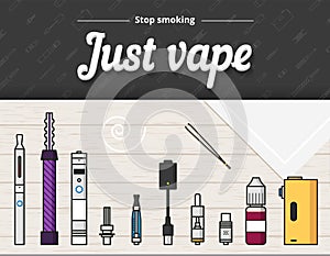 Vape vector illustration of vaporizer and accessories, vaping, flat