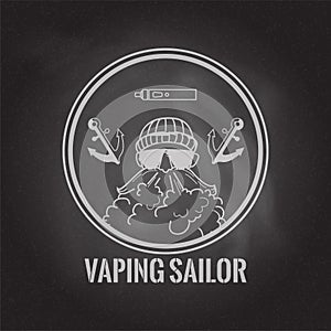 Vaping sailor circle logo with vaporiser and anchors on the chalkboard background.