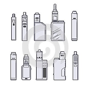 Vaping vector set. Vape devices outline on white background.