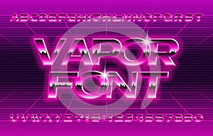 Vapor alphabet font. Glow letters and numbers in 80s style. photo