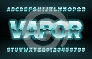 Vapor alphabet font. Glowing oblique letters and numbers in eighties style.
