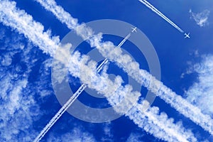 vapor trails and passenger jets in the sky