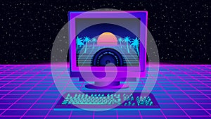 Vaporwave computer. Retro pc on synthwave classic monitor and retrowave mesh.