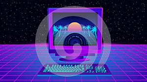 Vaporwave computer. Retro pc on synthwave classic monitor and retrowave mesh. photo