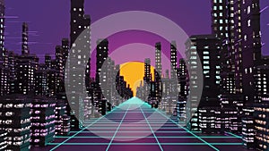 Vaporwave cyberpank city background. 3D illustration, 3D rendering.