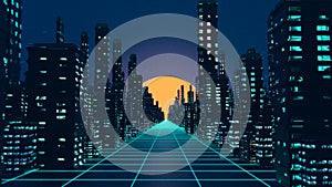 Vaporwave cyberpank city background. 3D illustration, 3D rendering.