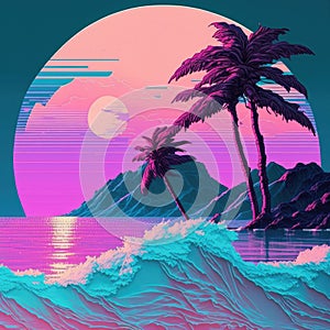 Vaporwave landscape with mountains, sea, sun and palm trees, created using generative ai technology