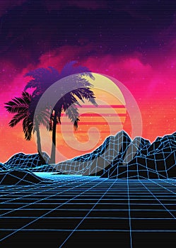 Vaporwave landscape with rocks and palms photo