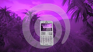 Vaporwave styled scene with retro calculator and palms in purple color. Generated AI.