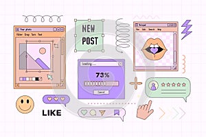 Vaporwave Template Boxes and Interfaces Elements. Retro Desktop with Frames . Vector Background Nostalgic for 90s