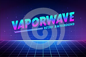 Vaporwave text on laser grid background. Retro geometric illustration witn neon color and gradient. Abstract stage and