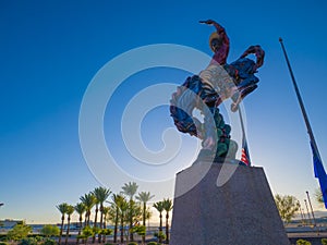 Vaquero. The cowboy. A sculpture by Luis Jimenez in Las Vegas. Blue summer sky. Vacation time.