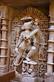 Varaha Sculpture, Inner wall of Rani ki vav, an intricately constructed stepwell on the banks of Saraswati River. Patan, Gujarat,