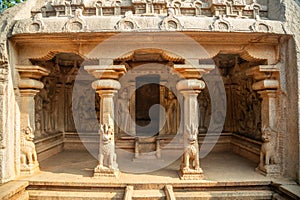 Varaha stone carved cave temple with ancient statues decoration, Mahabalipuram, Tondaimandalam region, Tamil Nadu, South India