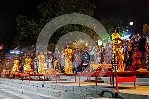 Hindu priests perform an Arti worship ceremony in Varanasi