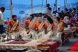 Hindu priest performs the Ganga Aarti ritual in Varanasi.