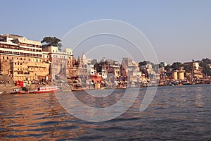 Varanasi Ganga Ghat,Ancient city in India,Ancient and historical buldings on the bank of river Ganga in Kashi,Popular tourist