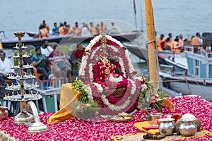 Varanasi India 30 March 2018 Ganga aarti ceremony rituals at Gange river