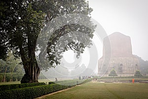 VARANASI, INDIA - DECEMBER 2, 2016: Buddhist monks and tourists come to visit and pray in the misty morning at Dhamekh Stupa.