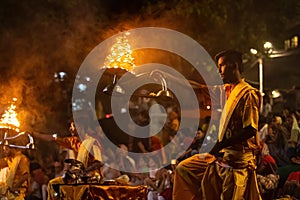 Varanasi, India - Hindu priests perform an Arti worship ceremony