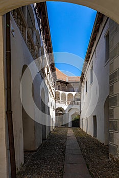 Varazdin, Croatia â€“ April 2022. details of the interior of the picturesque historic castle of the medieval old town