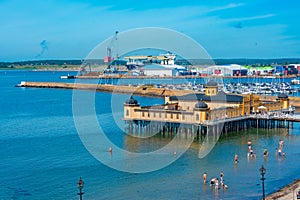 Varberg, Sweden, July 12, 2022: Bathhouse at a beach in Swedish