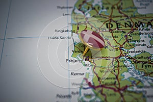 Varde pinned on a map with the flag of Denmark photo