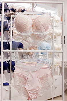 Vareity of bra hanging in lingerie underwear store. Advertise, Sale, Fashion concept