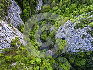 Varghisului Gorges in Covasna and Harghita county, Transylvania, Romania. Entrance to the three caves visible. Aerial view from