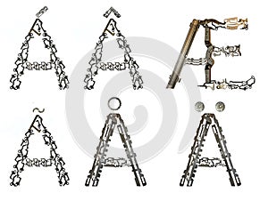 Variants of letter `A`, assembled from metallic parts photo