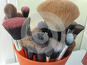 variated brushes used for make-up in various shapes, sizes and colours