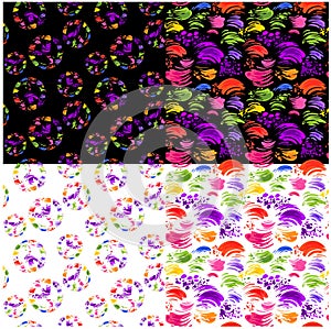 Variation abstract seamless white and black seamless wallpapers with colorful brush strokes and hippie peace symbol with colorful