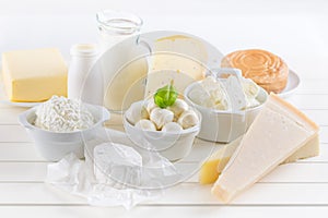 Variation of dairy products on white