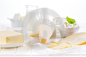 Variation of dairy products on white