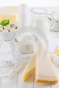 Variation of dairy products on white
