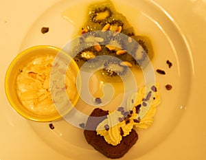 A variation of desserts served on a white plate: Chestnut chocolate terrine, marinated kiwi, and a vegan frangipane.