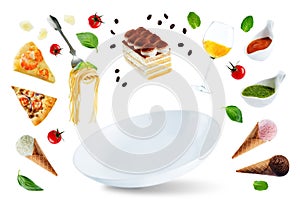 The variation of the flying Italian food and a white plate