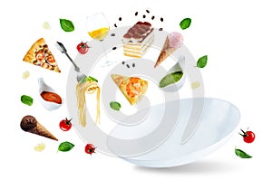 The variation of the flying Italian food and a white plate isolated
