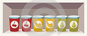 Variation of fruit yoghurts: cherry, banana and pear