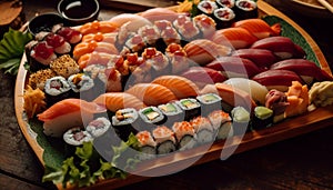 Variation of rolled up maki sushi plate generated by AI