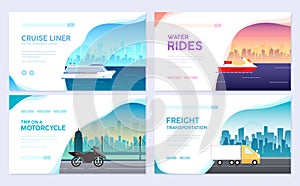 Variations transport of travel vacation tour guide infographic. Cruise, bus journey. Vector flyear, invitations, cards