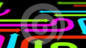 Varicolored arrows on black surface, 3d illustration