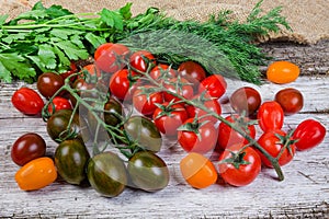 Varicolored cherry tomatoes and fresh greens on old wooden surface