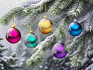 Varicolored New Year Balls (Pink, Green, Yellow, Purple, Blue) on a Snowy Christmas Tree Branch photo