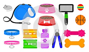 A varied bright set of items and food for a pet