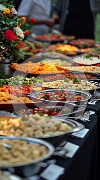 Varied delights Diverse buffet food offerings presented in pleasing arrangement