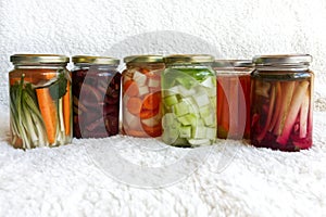 Varied fermented vegetable jars on white background photo