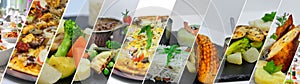 Varied food. Delicious lunch assortment. Meat, fish, vegetable dishes. Food collage.