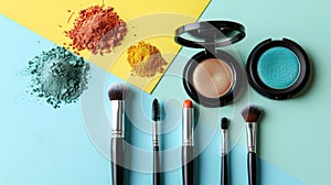Varied makeup powders and brushes on a color-blocked background.